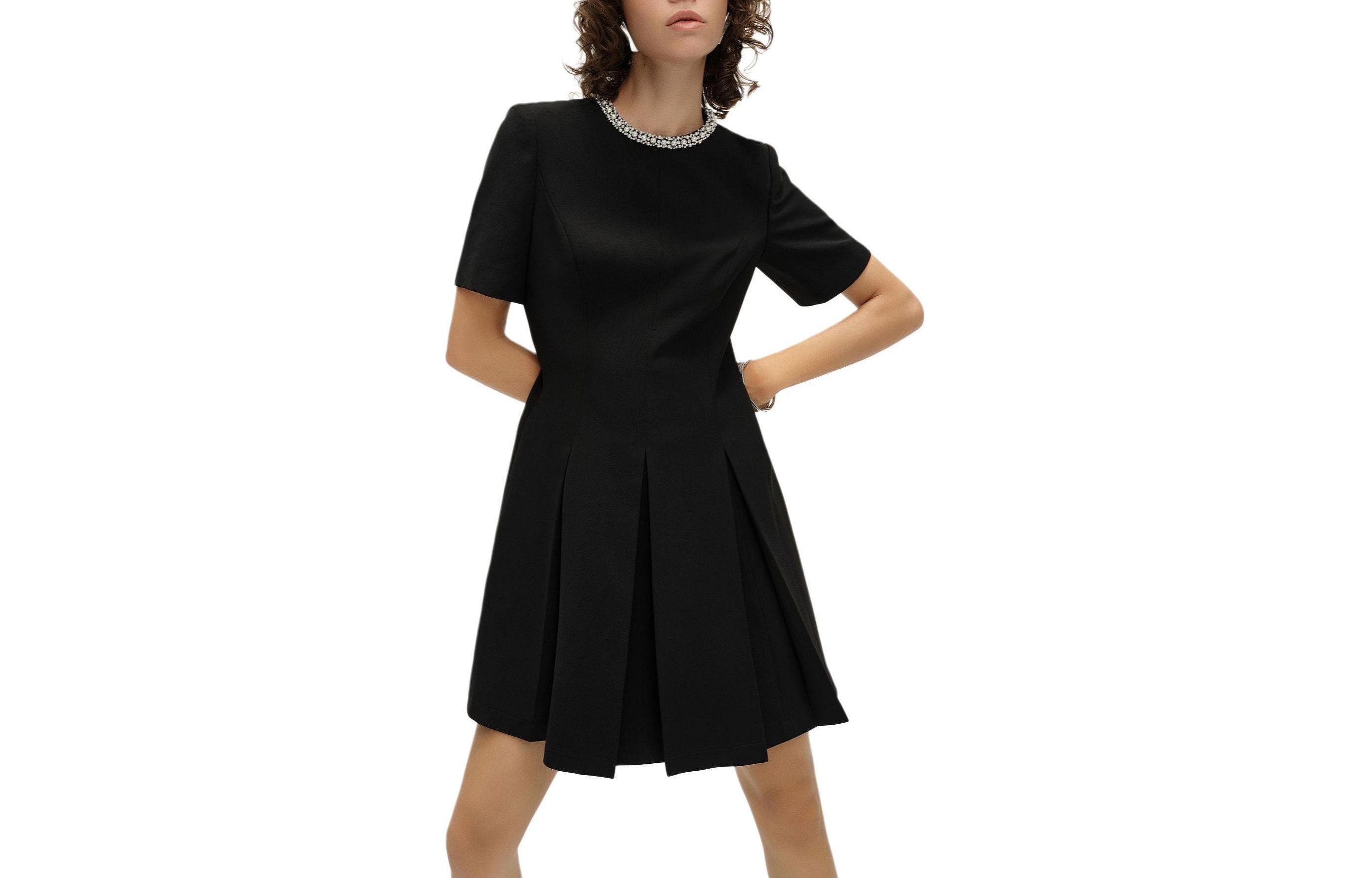 (Women) KARL LAGERFELD SS24  Black Rhinestone Waist Slim Short Sleeve Dress E41W1351