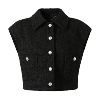 (Women) KARL LAGERFELD SS24 Black Tweed Notched Collar Buttoned Vest 241L1541