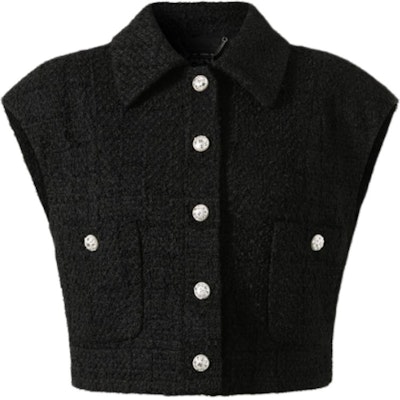 (Women) KARL LAGERFELD SS24 Black Tweed Notched Collar Buttoned Vest 241L1541 Order (Women) KARL LAGERFELD SS24 Black Tweed Notched Collar Buttoned Vest 241L1541