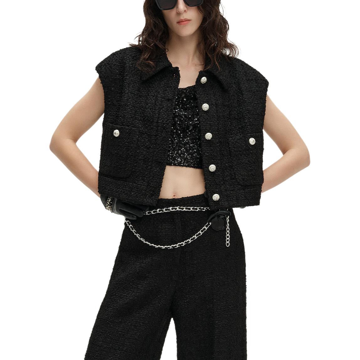 Purchase (Women) KARL LAGERFELD SS24  Black Tweed Notched Collar Buttoned Vest 241L1541
