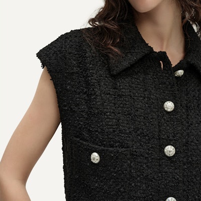 (Women) KARL LAGERFELD SS24 Black Tweed Notched Collar Buttoned Vest 241L1541 Details for (Women) KARL LAGERFELD SS24 Black Tweed Notched Collar Buttoned Vest 241L1541