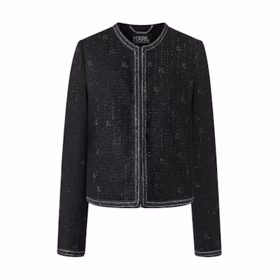 (Women) KARL LAGERFELD SS24 Black Tweed Short Jacket with Rhinestones. 241L1413