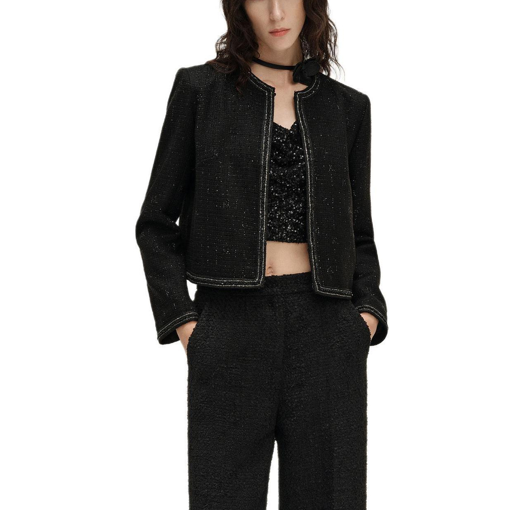 Shop (Women) KARL LAGERFELD SS24  Black Tweed Short Jacket with Rhinestones. 241L1413