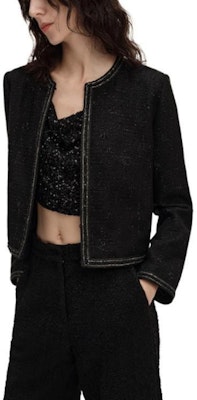 (Women) KARL LAGERFELD SS24 Black Tweed Short Jacket with Rhinestones. 241L1413 Details for (Women) KARL LAGERFELD SS24 Black Tweed Short Jacket with Rhinestones. 241L1413