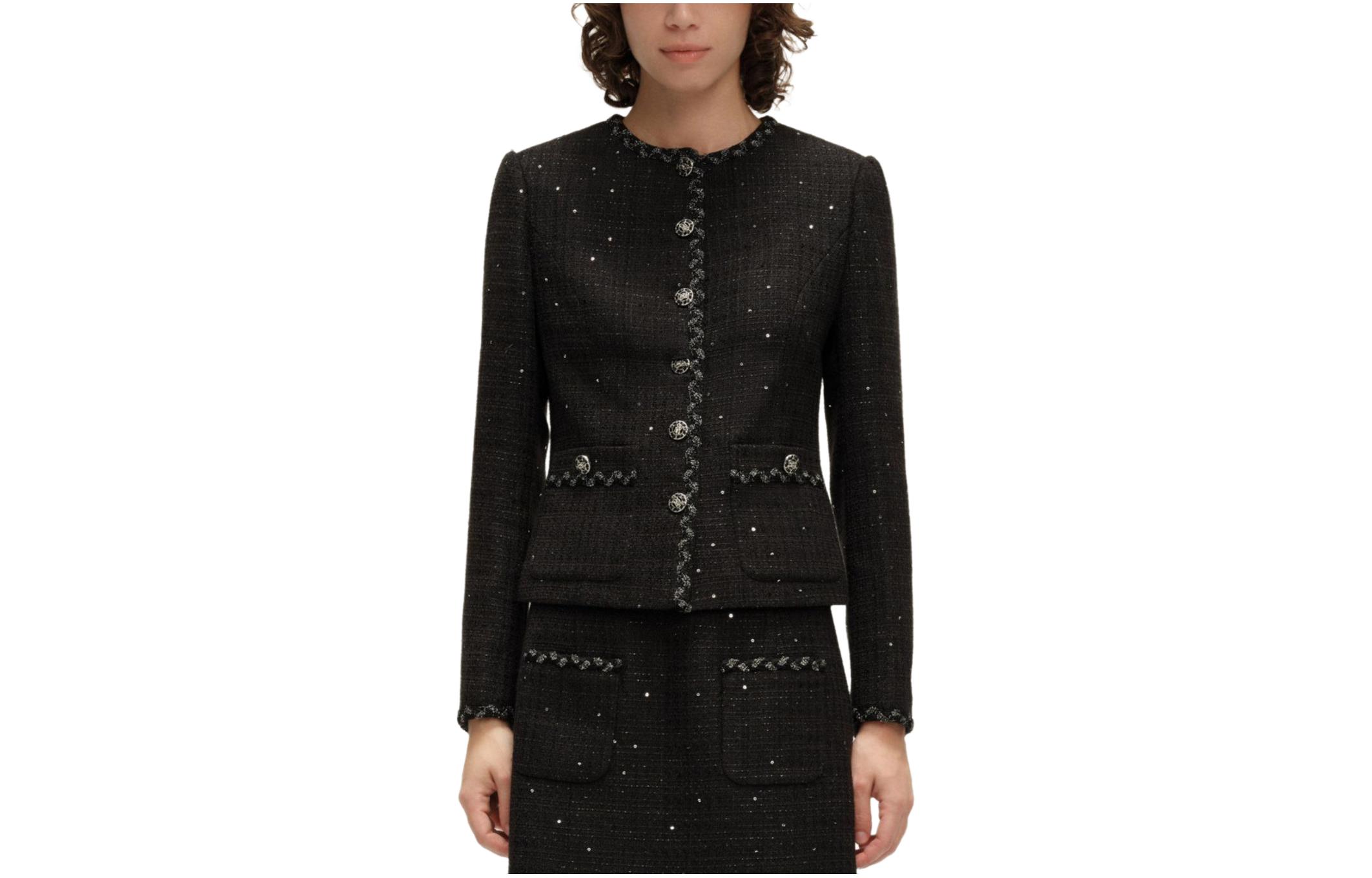 (Women) KARL LAGERFELD SS24  Black Tweed Single-Breasted Long Sleeve Jacket E41W1519