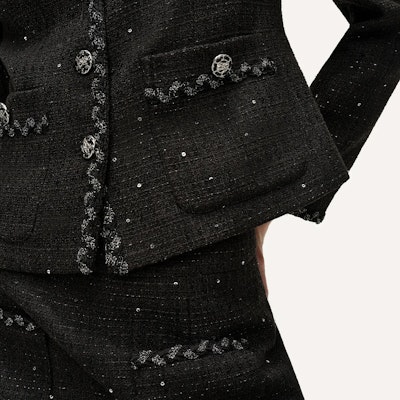 (Women) KARL LAGERFELD SS24 Black Tweed Single-Breasted Long Sleeve Jacket E41W1519 Details for (Women) KARL LAGERFELD SS24 Black Tweed Single-Breasted Long Sleeve Jacket E41W1519