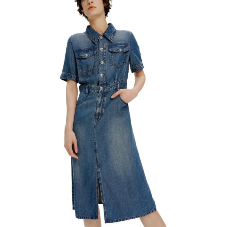 Sizing (Women) KARL LAGERFELD SS24  Blue A-Line Short Sleeve Shirt Dress. E41W1334