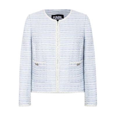 (Women) KARL LAGERFELD SS24 Blue Striped Tweed Long-Sleeve Jacket. E42W1503