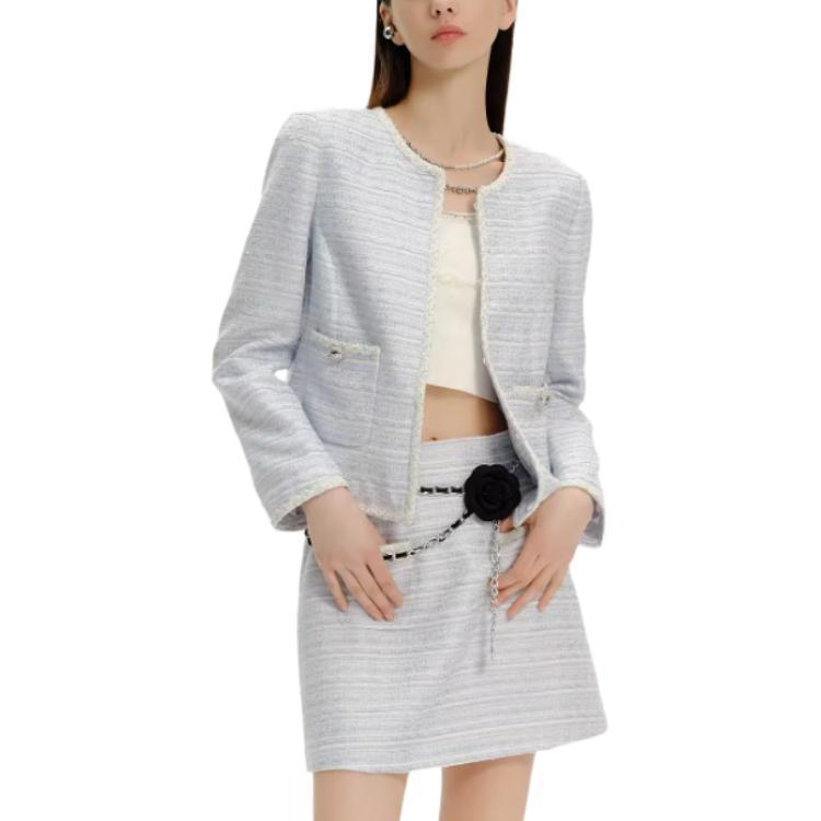Lookbook (Women) KARL LAGERFELD SS24  Blue Striped Tweed Long-Sleeve Jacket. E42W1503