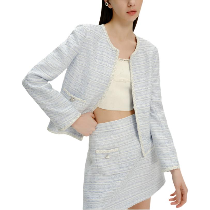 Details for (Women) KARL LAGERFELD SS24  Blue Striped Tweed Long-Sleeve Jacket. E42W1503