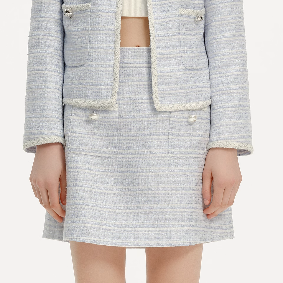 Sizing (Women) KARL LAGERFELD SS24  Blue Striped Tweed Long-Sleeve Jacket. E42W1503