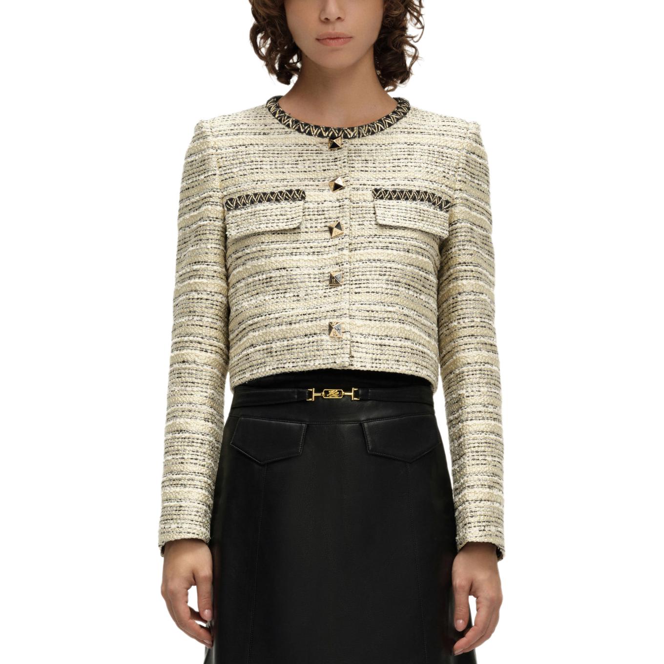 (Women) KARL LAGERFELD SS24  Gold Tweed Short Jacket with Round Neck Buttons E41W1524