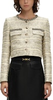 (Women) KARL LAGERFELD SS24 Gold Tweed Short Jacket with Round Neck Buttons E41W1524 (Women) KARL LAGERFELD SS24 Gold Tweed Short Jacket with Round Neck Buttons E41W1524