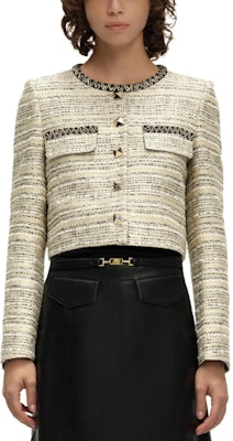 (Women) KARL LAGERFELD SS24 Gold Tweed Short Jacket with Round Neck Buttons E41W1524 Order (Women) KARL LAGERFELD SS24 Gold Tweed Short Jacket with Round Neck Buttons E41W1524