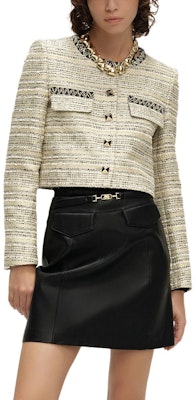 (Women) KARL LAGERFELD SS24 Gold Tweed Short Jacket with Round Neck Buttons E41W1524 Lookbook (Women) KARL LAGERFELD SS24 Gold Tweed Short Jacket with Round Neck Buttons E41W1524