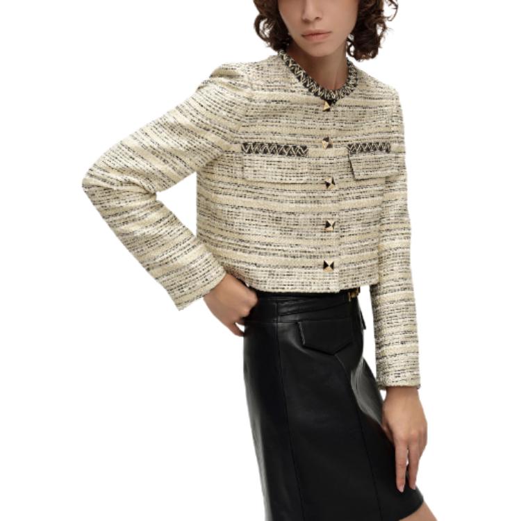 Shop (Women) KARL LAGERFELD SS24  Gold Tweed Short Jacket with Round Neck Buttons E41W1524