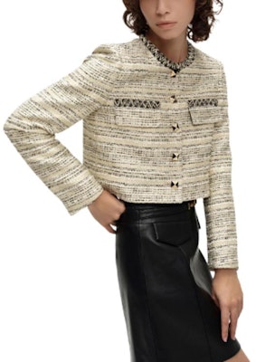 (Women) KARL LAGERFELD SS24 Gold Tweed Short Jacket with Round Neck Buttons E41W1524 Shop (Women) KARL LAGERFELD SS24 Gold Tweed Short Jacket with Round Neck Buttons E41W1524
