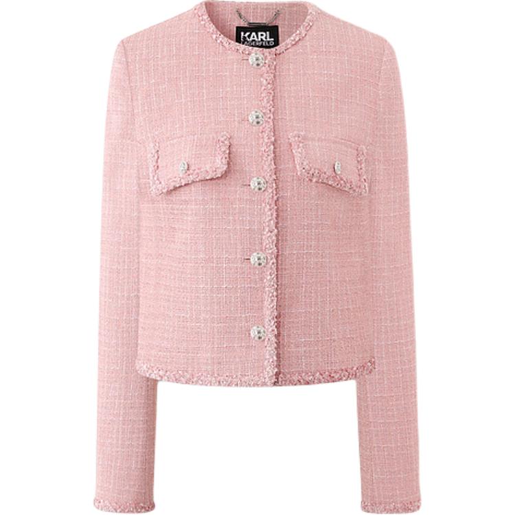 (Women) KARL LAGERFELD SS24  Pink Slim Fit Short Tweed Long Sleeve Jacket 241L1405