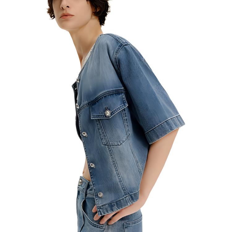 Details for (Women) KARL LAGERFELD SS24  Washed Denim Short-Sleeve Jacket Blue E41W1516