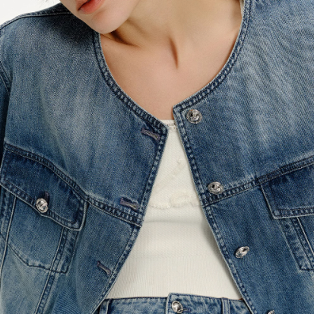 Sizing (Women) KARL LAGERFELD SS24  Washed Denim Short-Sleeve Jacket Blue E41W1516