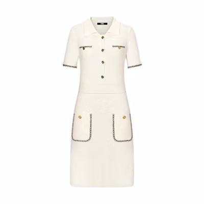 (Women) KARL LAGERFELD SS24 White A-Line Short Sleeve Dress with Lace Trim. E42W1349