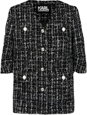 (W) カール ラガーフェルド SS24 ブラック ツイード Vネック 長袖 ジャケット E42W1531 Buy (W) カール ラガーフェルド SS24 ブラック ツイード Vネック 長袖 ジャケット E42W1531