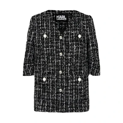 (Women) Karl Lagerfeld SS24 Black Tweed V-Neck Long Sleeve Jacket E42W1531