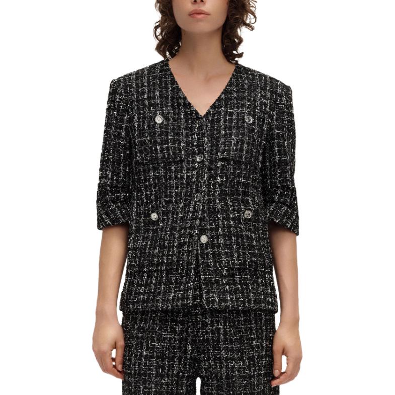 Lookbook (W) カール ラガーフェルド SS24 ブラック ツイード Vネック 長袖 ジャケット E42W1531