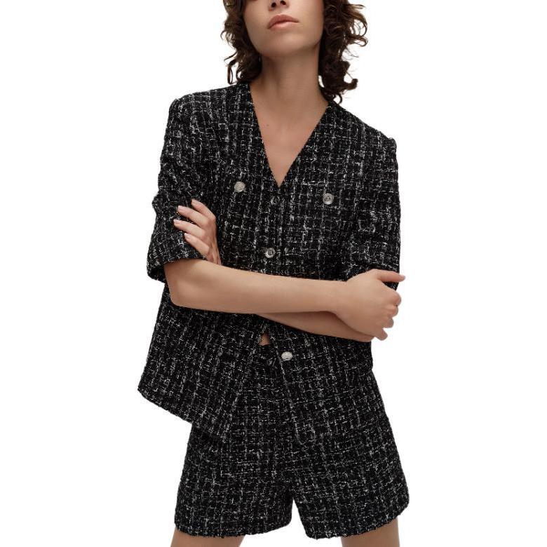 Shop (W) カール ラガーフェルド SS24 ブラック ツイード Vネック 長袖 ジャケット E42W1531