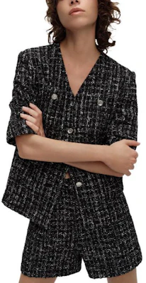 (W) カール ラガーフェルド SS24 ブラック ツイード Vネック 長袖 ジャケット E42W1531 Shop (W) カール ラガーフェルド SS24 ブラック ツイード Vネック 長袖 ジャケット E42W1531