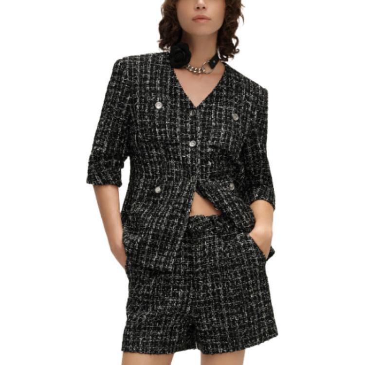 Purchase (W) カール ラガーフェルド SS24 ブラック ツイード Vネック 長袖 ジャケット E42W1531