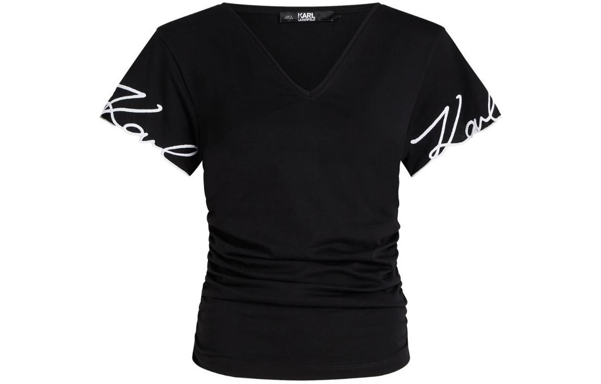 (Women) KARL LAGERFELD SS24 Black V-Neck Embroidered Logo Short Sleeve Tee 241W1709999