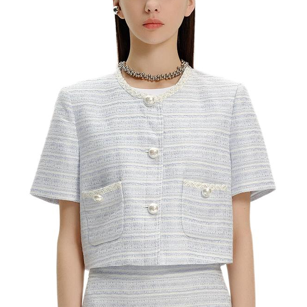 Shop (Women) KARL LAGERFELD SS24 Contrast Lace Straight-Cut Short-Sleeve Jacket Women Light Blue E42W1504