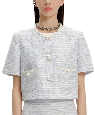 (Women) KARL LAGERFELD SS24 Contrast Lace Straight-Cut Short-Sleeve Jacket Women Light Blue E42W1504 Shop (Women) KARL LAGERFELD SS24 Contrast Lace Straight-Cut Short-Sleeve Jacket Women Light Blue E42W1504