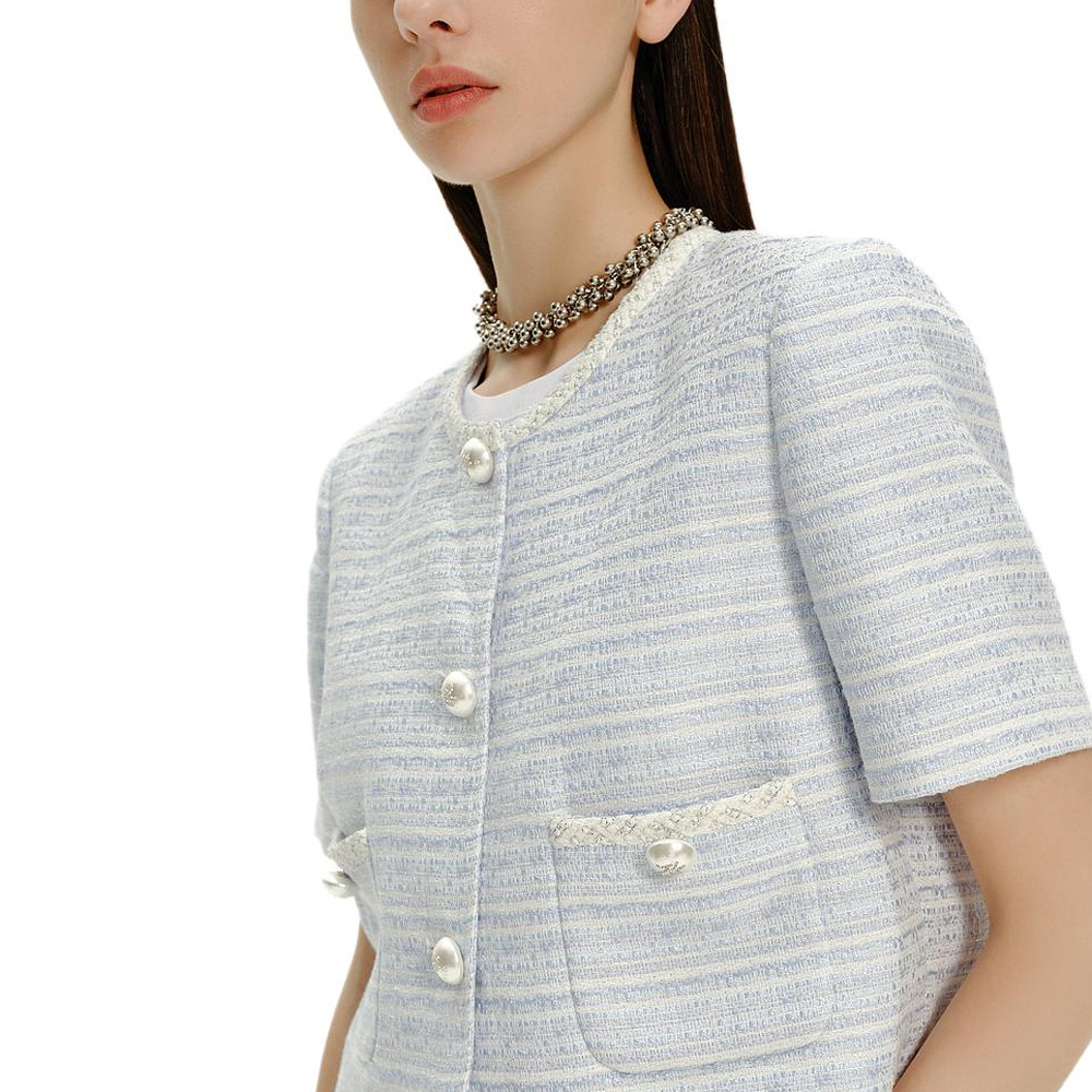 Purchase (Women) KARL LAGERFELD SS24 Contrast Lace Straight-Cut Short-Sleeve Jacket Women Light Blue E42W1504