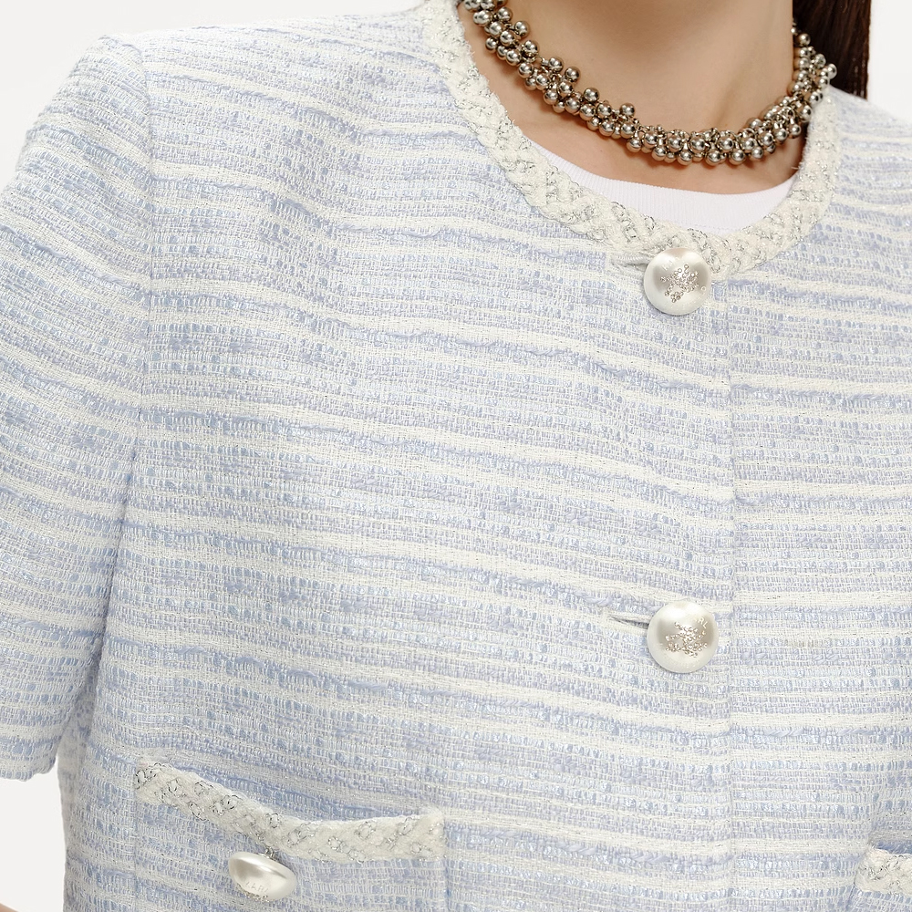 Sizing (Women) KARL LAGERFELD SS24 Contrast Lace Straight-Cut Short-Sleeve Jacket Women Light Blue E42W1504