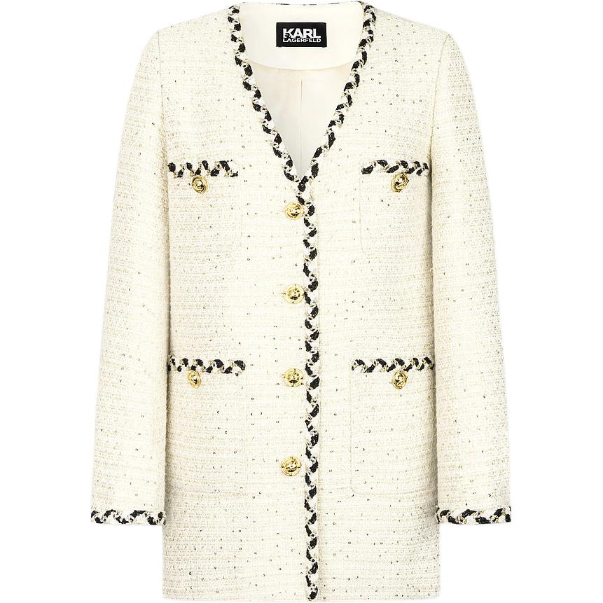 (Women) KARL LAGERFELD SS24 Contrast Lace V-Neck Long Sleeve Jacket Beige Women E41W1502