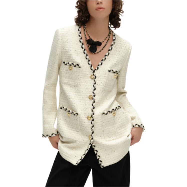Shop (Women) KARL LAGERFELD SS24 Contrast Lace V-Neck Long Sleeve Jacket Beige Women E41W1502