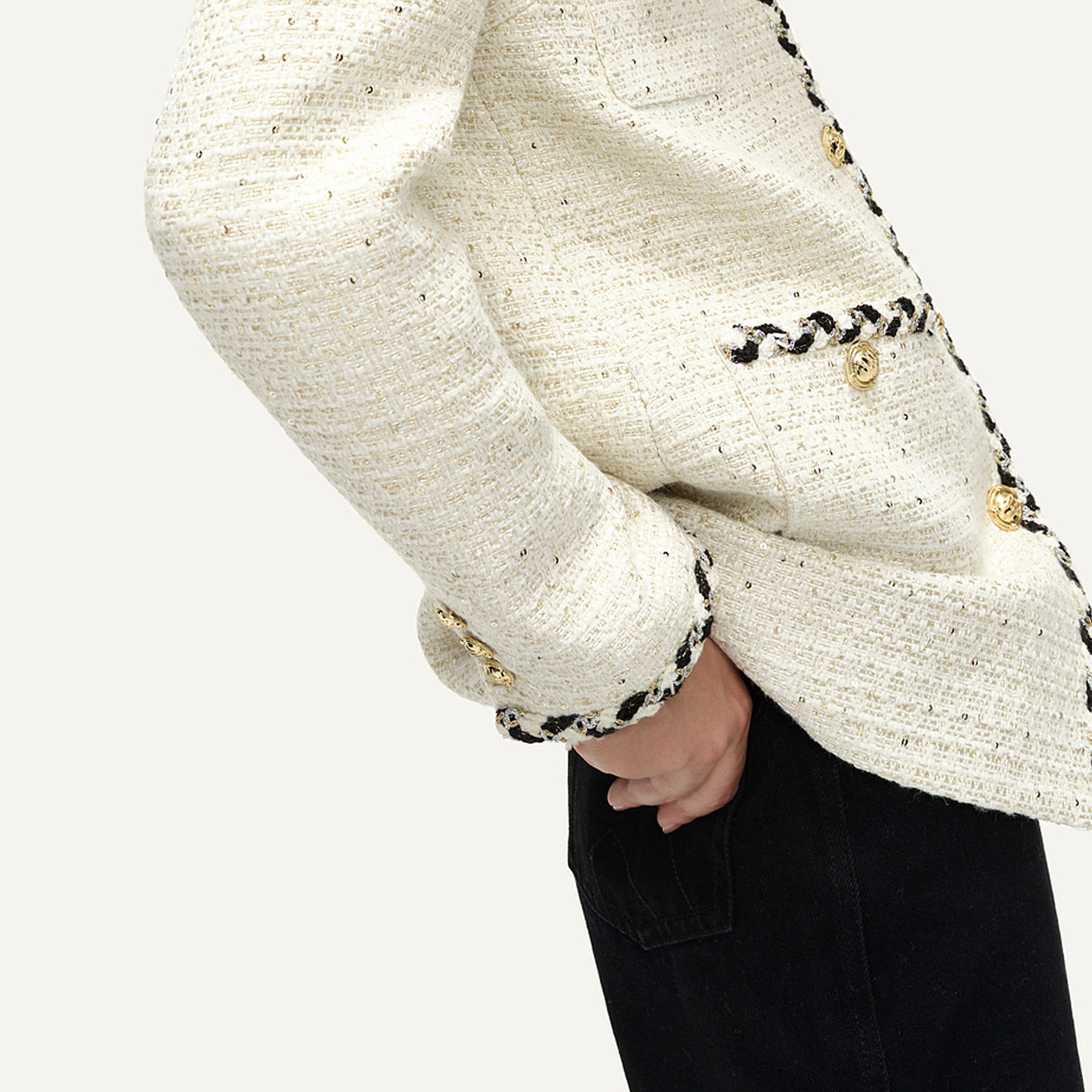 Sizing (Women) KARL LAGERFELD SS24 Contrast Lace V-Neck Long Sleeve Jacket Beige Women E41W1502