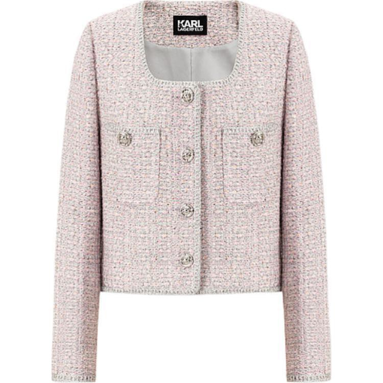 (Women) Karl Lagerfeld SS24 Pink Tweed Cropped Long Sleeve Jacket E41W1514