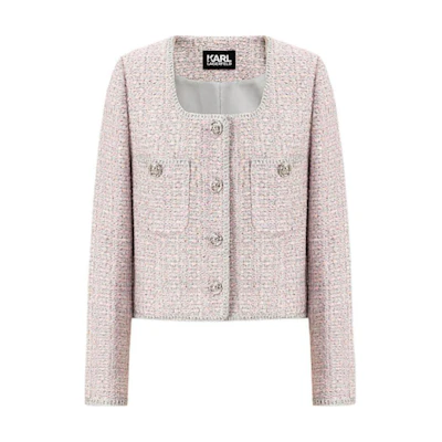(Women) Karl Lagerfeld SS24 Pink Tweed Cropped Long Sleeve Jacket E41W1514