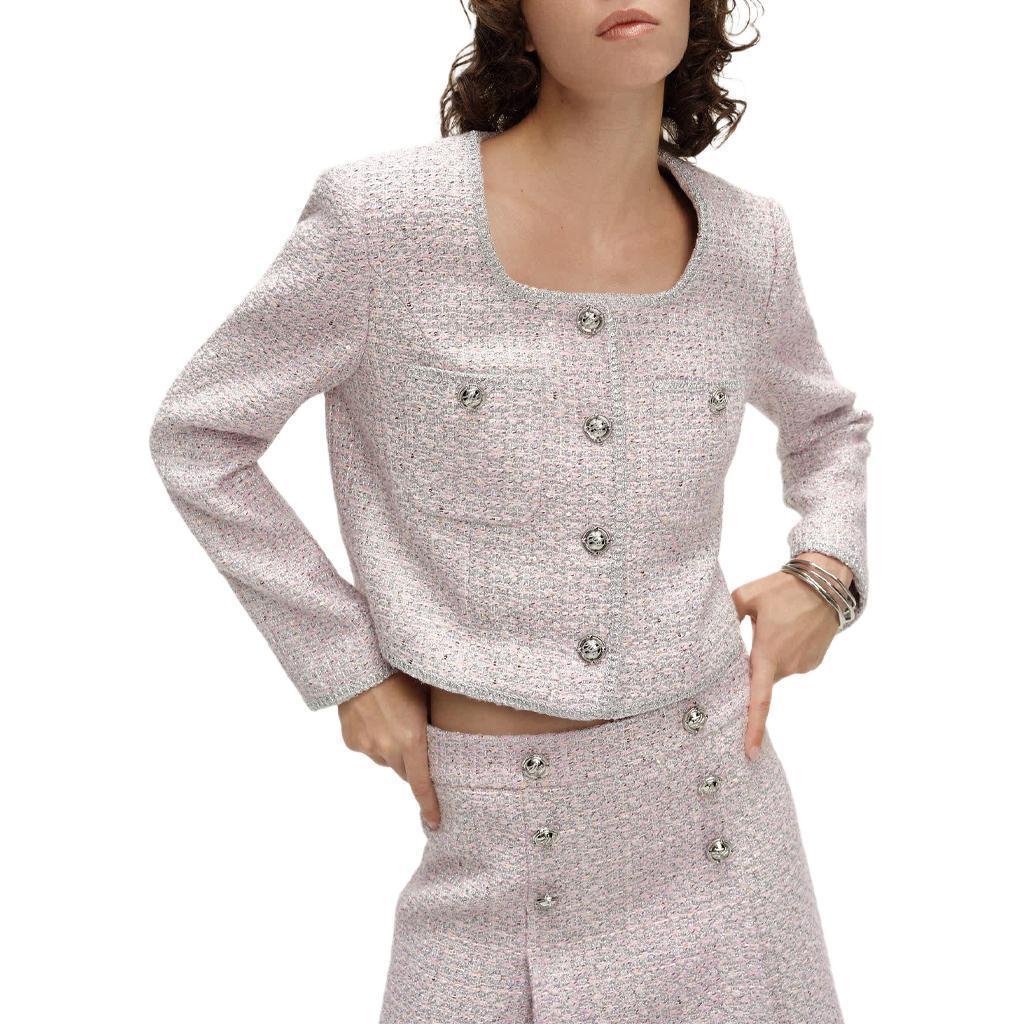 Details for (W) 卡尔拉格斐 SS24 粉色粗花呢短款长袖夹克 E41W1514