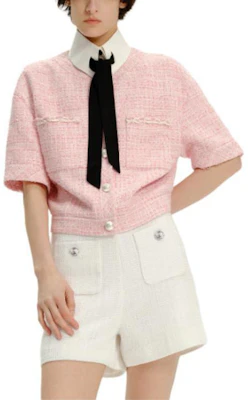 (W) 卡尔拉格斐 SS24 粉色粗花呢单扣短袖外套 E41W1539 Details for (W) 卡尔拉格斐 SS24 粉色粗花呢单扣短袖外套 E41W1539