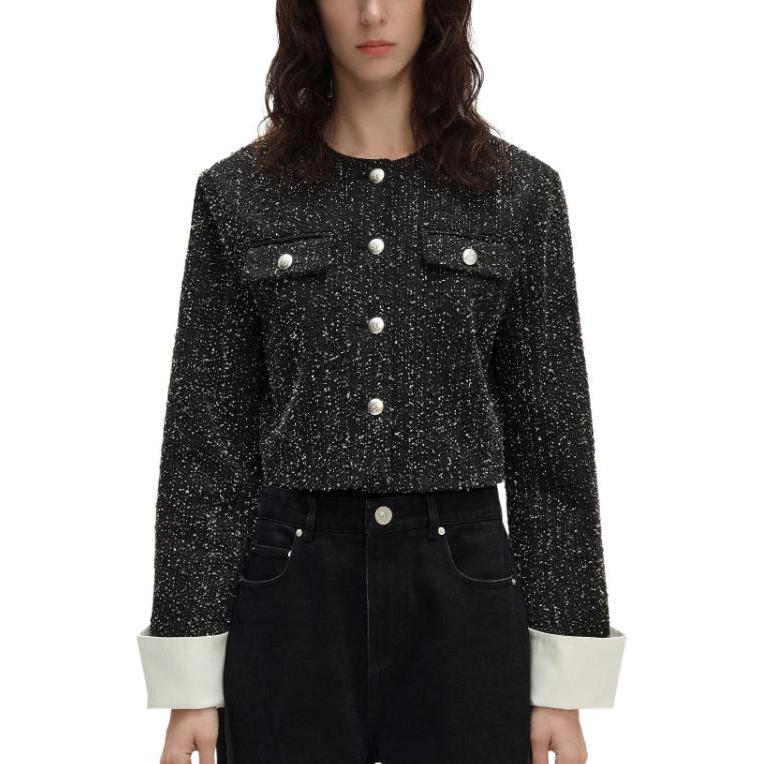 (Women) KARL LAGERFELD SS24 Tweed Rhinestone Short Button-Up Jacket Women Black 241L1441