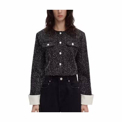 (Women) KARL LAGERFELD SS24 Tweed Rhinestone Short Button-Up Jacket Women Black 241L1441