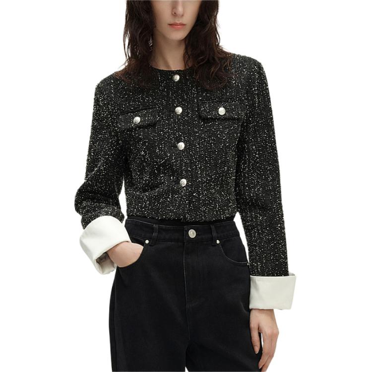 Lookbook (Women) KARL LAGERFELD SS24 Tweed Rhinestone Short Button-Up Jacket Women Black 241L1441