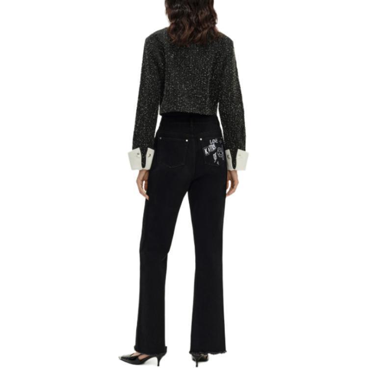 Shop (Women) KARL LAGERFELD SS24 Tweed Rhinestone Short Button-Up Jacket Women Black 241L1441