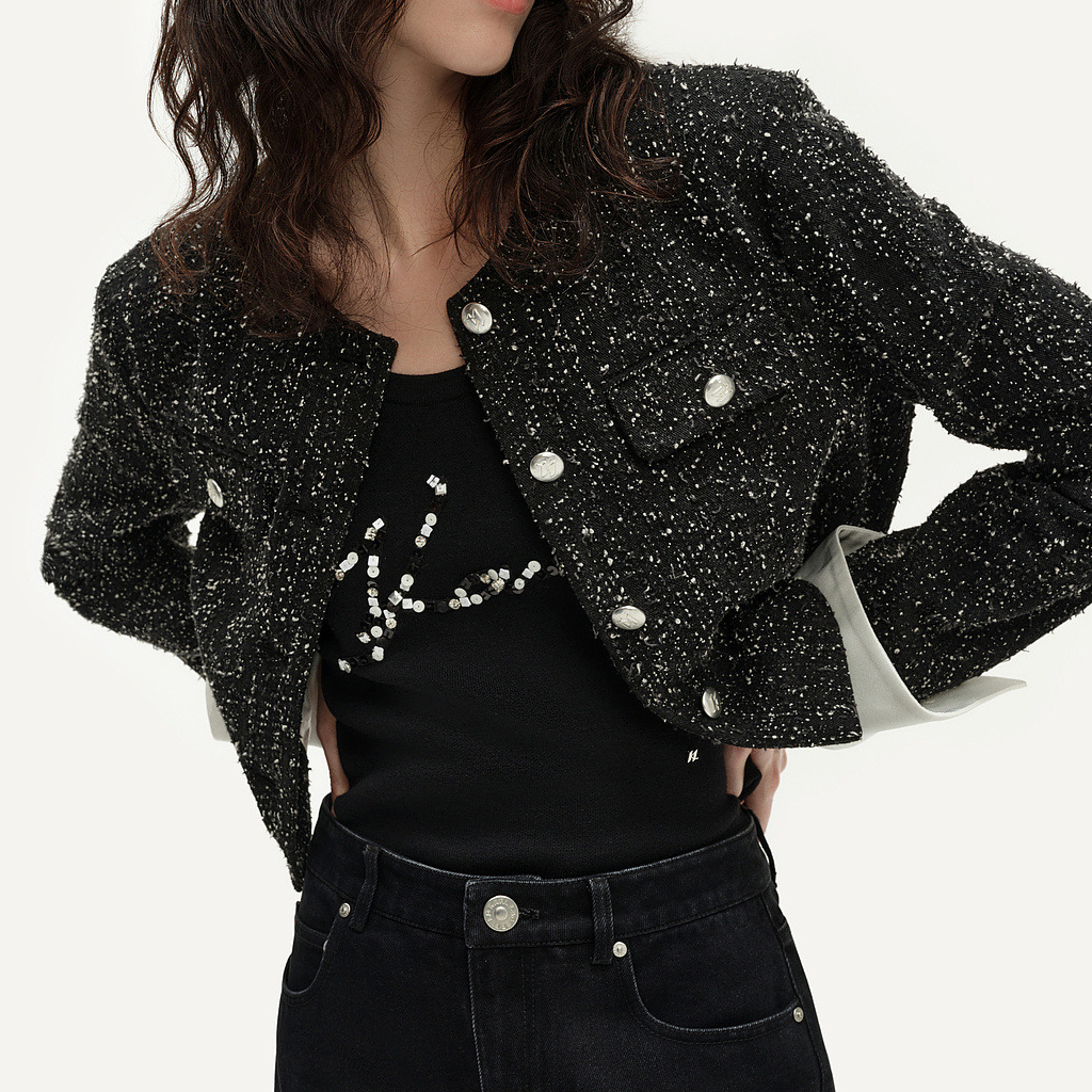 Sizing (Women) KARL LAGERFELD SS24 Tweed Rhinestone Short Button-Up Jacket Women Black 241L1441