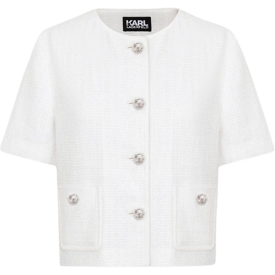 (Women) Karl Lagerfeld SS24 White Tweed Cropped Jacket with Round Neck E42W1529