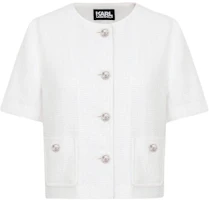 (Women) Karl Lagerfeld SS24 White Tweed Cropped Jacket with Round Neck E42W1529 (Women) Karl Lagerfeld SS24 White Tweed Cropped Jacket with Round Neck E42W1529